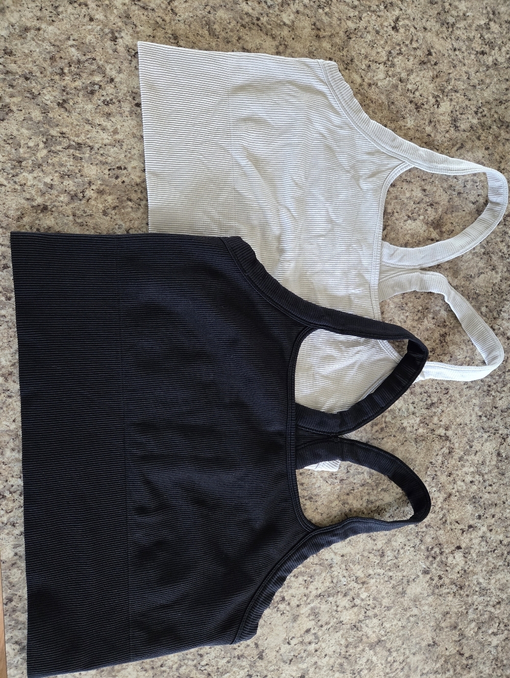 LOT OF 2 ATHLETA RIBBED LONG LINE SPORTS BRAS, COLORS BLACK AND BONE, SIZE LARGE